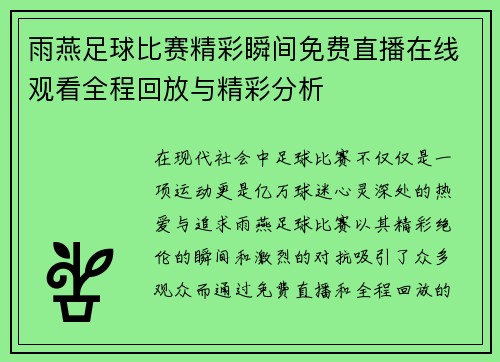 雨燕足球比赛精彩瞬间免费直播在线观看全程回放与精彩分析