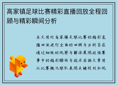 高家镇足球比赛精彩直播回放全程回顾与精彩瞬间分析